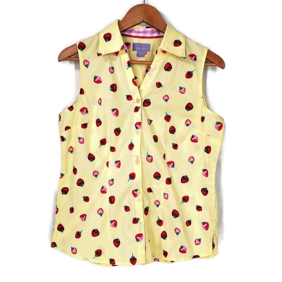 Laura Scott Tops - Laura Scott Stawberry Novelty Printed  Button Down Sleeveless Top Yellow Size M